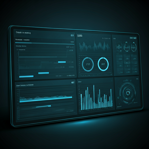 high-tech futuristic minimalist dashboard interface with dark theme and blue glowing data visualizations on large screen